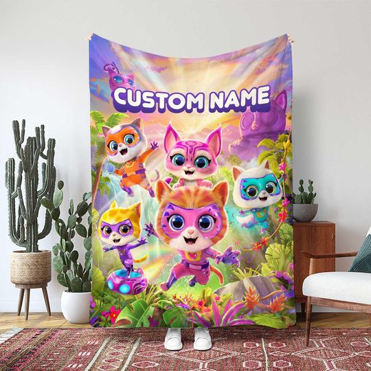 Discover Super Kitties Throw Blanket, Bitsy The Cat Flying Forward Gift, Personalized Name Kids Blanket, Disney Junior Super Hero Blanket, THA363