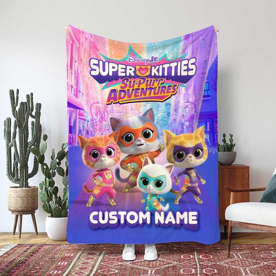 Discover Super Kitties Kids Blanket, Ginny The Cat With Laser Power Blanket, Custom Room Decor Bedding Gift, Disney Junior Birthday Gift, THA363