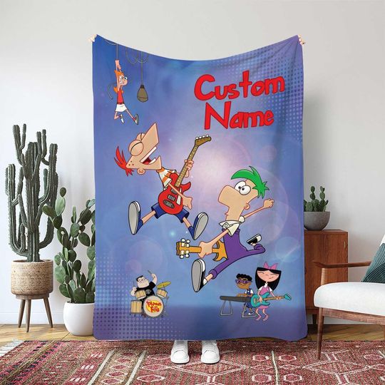 Discover Disney Phineas And Ferb Blanket, Invention Bros Custom Blanket, Kids Room Decor Bedding Gift, Personalized Agent P Blanket Gift, THA361