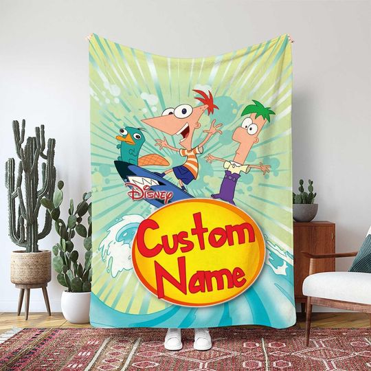 Discover Disney Phineas And Ferb Blanket, Perry The Platypus Throw Blanket, Water Slide Adventure Gift, Kids Cartoon Movie Gift Blanket, THA361