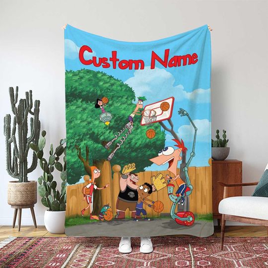 Discover Disney Phineas And Ferb Blanket, Perry The Platypus Throw Blanket, Invention Summer Vacation Gift, Kids Cartoon Movie Gift Blanket, THA361