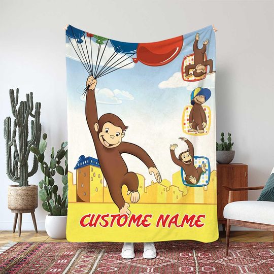 Curious George Custom Blanket, George Flying Balloons Throw Blanket, Monkey City Adventure Blanket, Childrens Storybook Gift Blanket