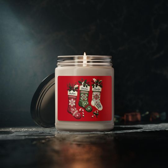 Discover Christmas Stockings Scented Candle, Soy Candle, 9oz Holiday Stocking Design