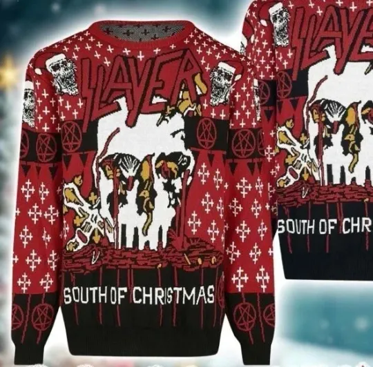 Slayer Band South Of Christmas Bloody Skull Santa All Over Knitted Ugly Sweater