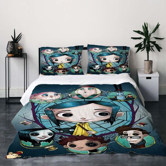 Halloween Coraline Bedding Set with Duvet Cover and Quilt Cover, Soft, Breathable, Wrinkle Resistant, Hidden Zipper, Corner Ties