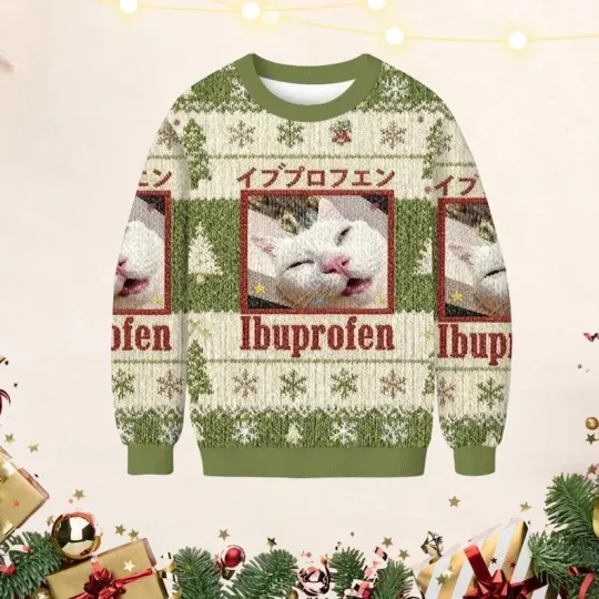 Funny Ibuprofen Cat Meme Christmas Sweater, Sleepy Cat Ugly Holiday Gift