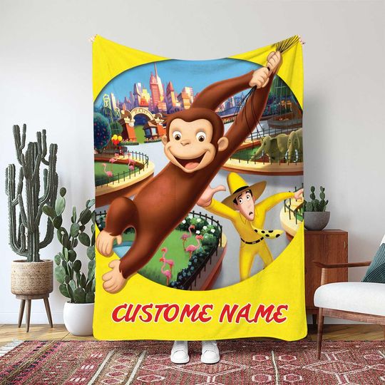 Curious George Throw Blanket, Man With The Yellow Hat, Flamingo Zoo Trip Custom Blanket, Kids Birthday Party Gift Blanket