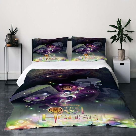 Discover Gift Christmas 3-Piece Owl House  Duvet Cover Bedding Set,Queen Size, Includes Quilt Cover, Pillowcases, Machine Washable.