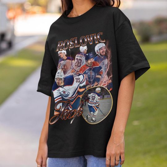 Discover Jack Roslovic Shirt Vintage 90s Edmonton Oilers Fan NHL Hockey Design Retro Bootleg Gift Classic Graphic Tee Unisex T-Shirt Limited Edition