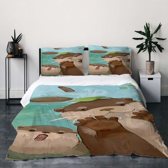Discover Christmas Gift 3-Piece Otter  Duvet Cover Bedding Set,Queen Size, Includes Quilt Cover, Pillowcases, Machine Washable.