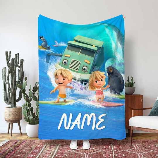 Trash Truck Custom Blanket, Bear And Raccoon Surfing, Garbage Truck On Wave Blanket, Birthday Girl Boy Gift Blanket