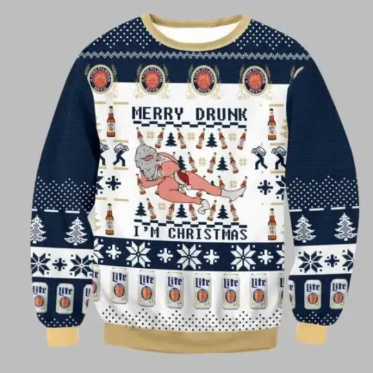 Discover Miller Lite Santa Drunk Ugly Christmas Sweater