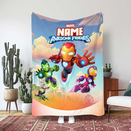 Discover Marvel Iron Man And His Awesome Friends, Hulkbuster Rescue Flying, Super Hero Trio Throw Blanket, Disney Kids Action Blanket