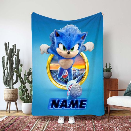Sonic The Hedgehog Movie Blanket, Disney Gold Ring Character Throw, Blue Blur Action Scene Design, Video Game Hero Kids Blanket Gift