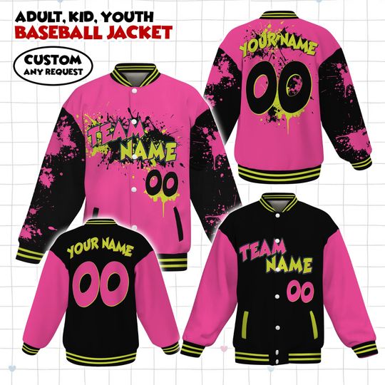 Discover Custom Pink Black Baseball Jacket, Funny Monkey Team Jacket, Personalized Name & Number for Kids, Youth, Adults
