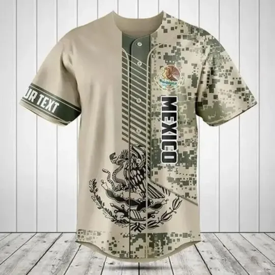 Discover Mexico 3D Camo Coat of Arms Baseball Jersey Mexican Flag Unisex
