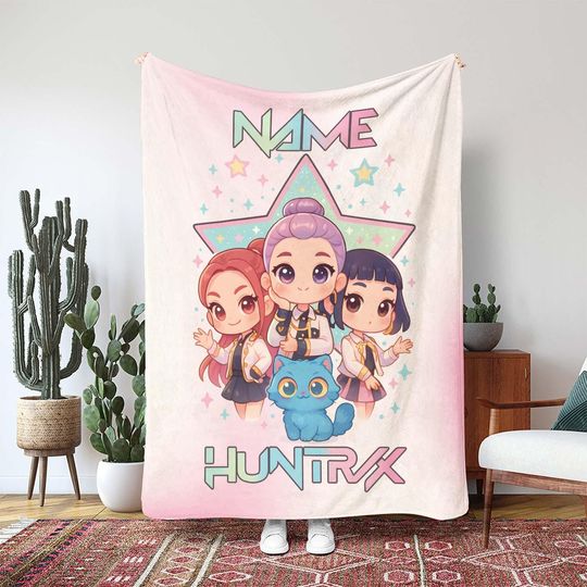 Discover Custom KPop Cute Chibi Blanket, Rumi Mira Zoey Throw Blanket, Fictional Group Star Design Blanket, KPop Style Birthday Blanket, NVA838