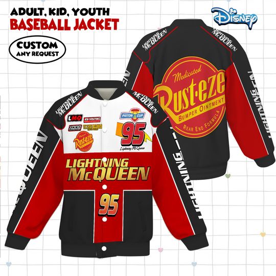 Discover Disney Pixar Cars Lightning Mcqueen Racing Varsity Jacket, 95 Radiator Springs Streetwear Jacket, Disneyland Family Streetwear Jacket