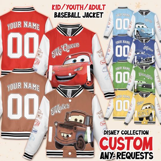 Discover Custom Disney Cars Movie Characters Collection Kids Youth Baseball Varsity Jacket, Cars Adult Varsity Jacket, Lightning MCqueen Jacket