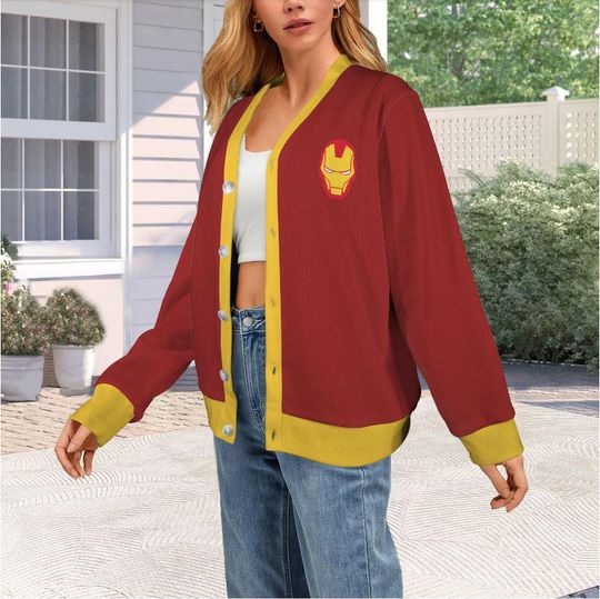 Iron Man Inspired Cardigan Sweater Red & Gold Button-Up Avengers Cozy Marvel Fan Gift