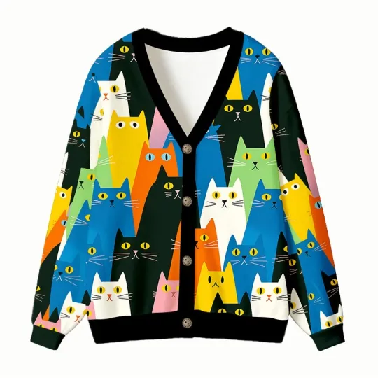 Discover Colorful Cat Parade Christmas Ugly Cardigan, Funny Colorful Cat Cardigan Holiday
