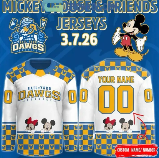 Discover Custom Roanoke Rail Yard Dawg Mickey Mouse Friends 2026 Hockey Jersey