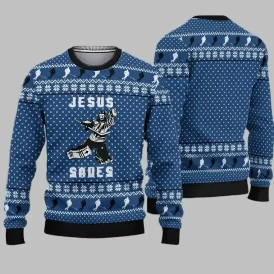 Hockey Jesus Saves Ugly Christmas Sweater