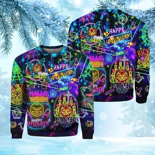 Discover Neon Halloween Night Life Party Colorful Lights Pattern Christmas Ugly Sweater
