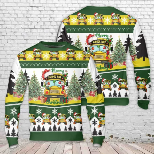 Discover Merry Christmas School Bus Christmas AOP Sweater