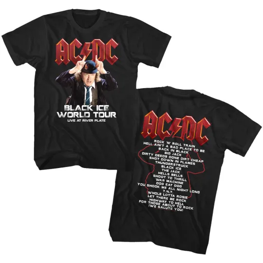 Discover AC-DC Black Ice World Tour Live Mens T Shirt Angus Young Rock Concert River Plate