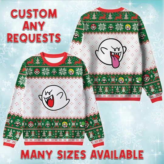 Discover Boo Power Up Ugly Christmas Sweater, Nintendo Retro Holiday Sweatshirt, Growth M Game Xmas Crewneck, M Brothers Trip Sweater