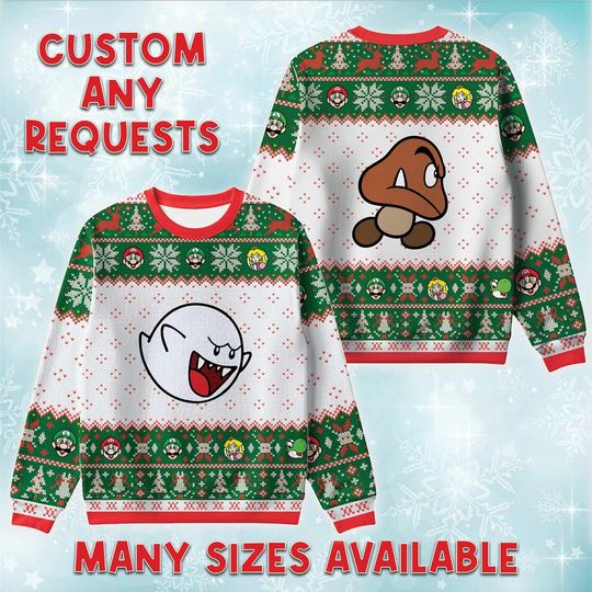 Discover Boo And Goomba Ugly Christmas Sweater, Nintendo Retro Holiday Sweatshirt, Scary Enemy Xmas Crewneck, Super  Birthday Gift