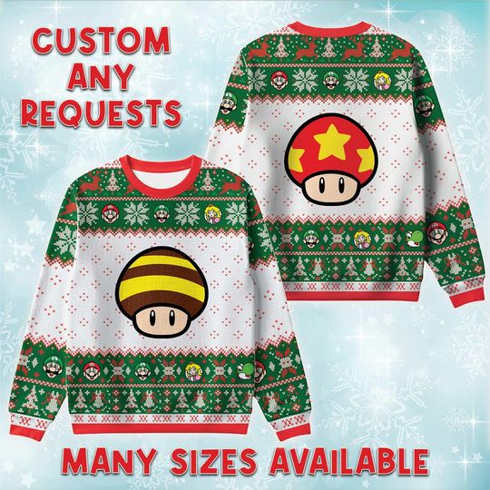 Discover Super M Bee Mushroom Ugly Christmas Sweater, Flying Power Sweatshirt, Video Game Holiday Crewneck, Adult Youth Matching Outfit