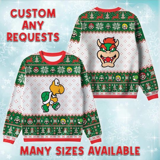 Koopa Troopa And Bowser Ugly Christmas Sweater, Nintendo Retro Holiday Sweatshirt, Koopa Villain Xmas Crewneck, Adult Youth Matching Outfit