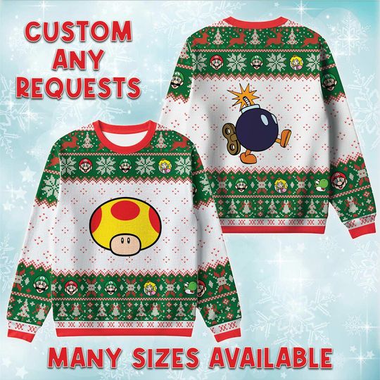 Discover Super M Mushroom Bob-Omb Ugly Sweater, Nintendo Fan Holiday Sweatshirt, Retro Game Item Xmas Jumper, Matching Family Vacation Sweatshirt
