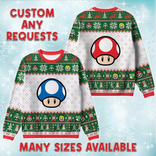 Discover Super M Mini Mushroom Ugly Sweater, Tiny Power Xmas Sweatshirt, Classic Video Game Holiday Gift, Christmas Birthday Gift