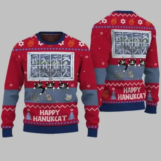 Happy Hanukcat Hanukkah Christmas Ugly Sweater