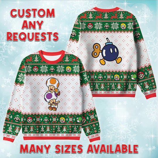 Toad And Bob-Omb Ugly Christmas Sweater, Nintendo Retro Holiday Sweatshirt, Mushroom Bomb Game Xmas Crewneck, Gamer Gift for Him