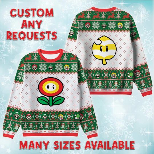 Discover Fire Flower And Bee Mushroom Ugly Christmas Sweater, Nintendo Power-Up Holiday Sweatshirt, Fire Bee Game Xmas Gift, Gamer Fan Crewneck