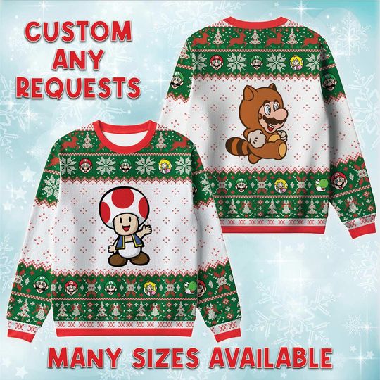 Toad And Tanooki M Ugly Christmas Sweater, Nintendo Retro Holiday Sweatshirt, Raccoon Suit Xmas Crewneck, Birthday Gift