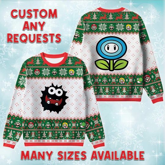 Discover Fire Flower And Fuzzy Ugly Christmas Sweater, Nintendo Retro Holiday Sweatshirt, Game Xmas Crewneck, Christmas Costume Sweater