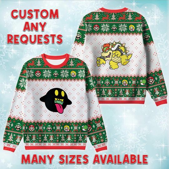 Boo And Bowser Ugly Sweater, Nintendo Retro Holiday Sweatshirt, Chomping Game Xmas Crewneck, Christmas Costume Sweater