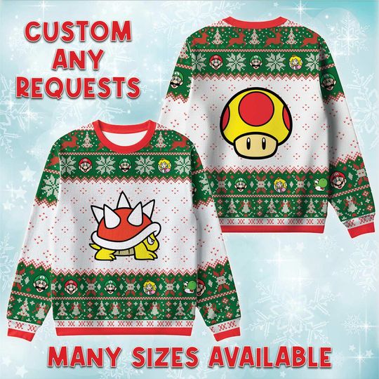 Discover Mushroom And Shell Red Ugly Christmas Sweater, Nintendo Retro Holiday Sweatshirt, Scary Game Xmas Crewneck, Gamer Fan Birthday Gift