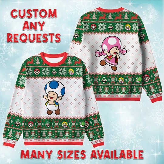 Toad And Toadette Ugly Christmas Sweater, Nintendo Retro Holiday Sweatshirt, Plumber Game Xmas Crewneck, Adult Youth Matching Outfit