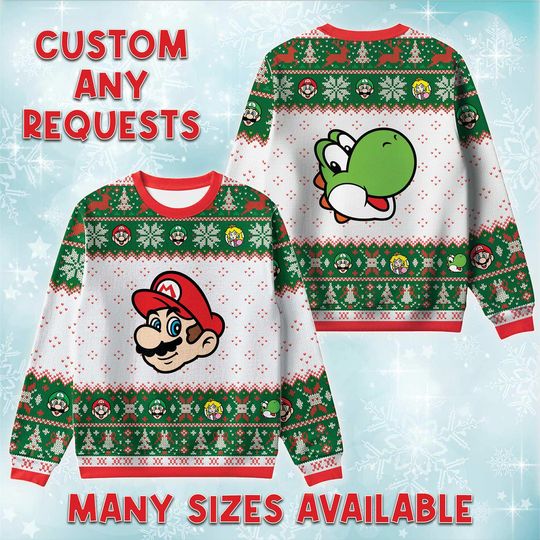 M And Yoshi Heads Ugly Christmas Sweater, Nintendo Duo Holiday Sweatshirt, Plumber Dino Game Xmas Crewneck, Birthday Gift