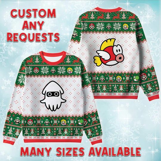 Discover Blooper And Cheep Cheep Ugly Christmas Sweater, Nintendo Holiday Sweatshirt, Mario Game Xmas Crewneck, Matching Family Vacation Sweatshirt