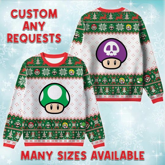 Discover Mushroom Ugly Christmas Sweater, Nintendo Retro Holiday Sweatshirt, Villain Mario Game Xmas Crewneck, Birthday Gift