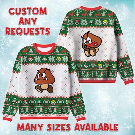 Discover Mario Goomba Team Ugly Christmas Sweater, Nintendo Bros Holiday Sweatshirt, Super Bros Xmas Crewneck, Christmas Costume Sweater