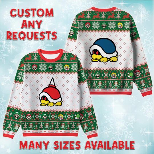 Mario Spiny Shell Ugly Christmas Sweater, Nintendo Retro Holiday Sweatshirt, Super Bros Xmas Crewneck, Adult Youth Matching Outfit