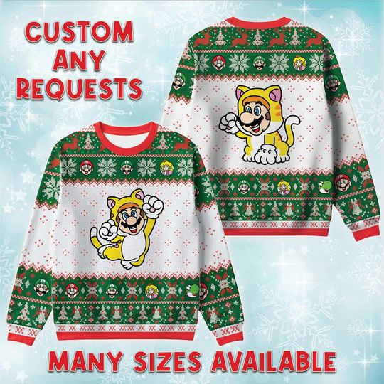 Discover Cat Power Up Ugly Christmas Sweater, Nintendo Bros Holiday Sweatshirt, Feline Plumber Game Crewneck, Christmas Costume Sweater